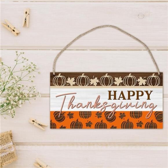 Maple Leaf Pumpkin Fall Happy Thanksgiving Hanging Sign Wooden Home Decor - Picture 2 of 6